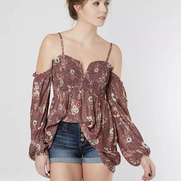 Gimmicks By BKE Sz S Floral Cold Shoulder Top Boho Flowy Buckle Western - Picture 1 of 15